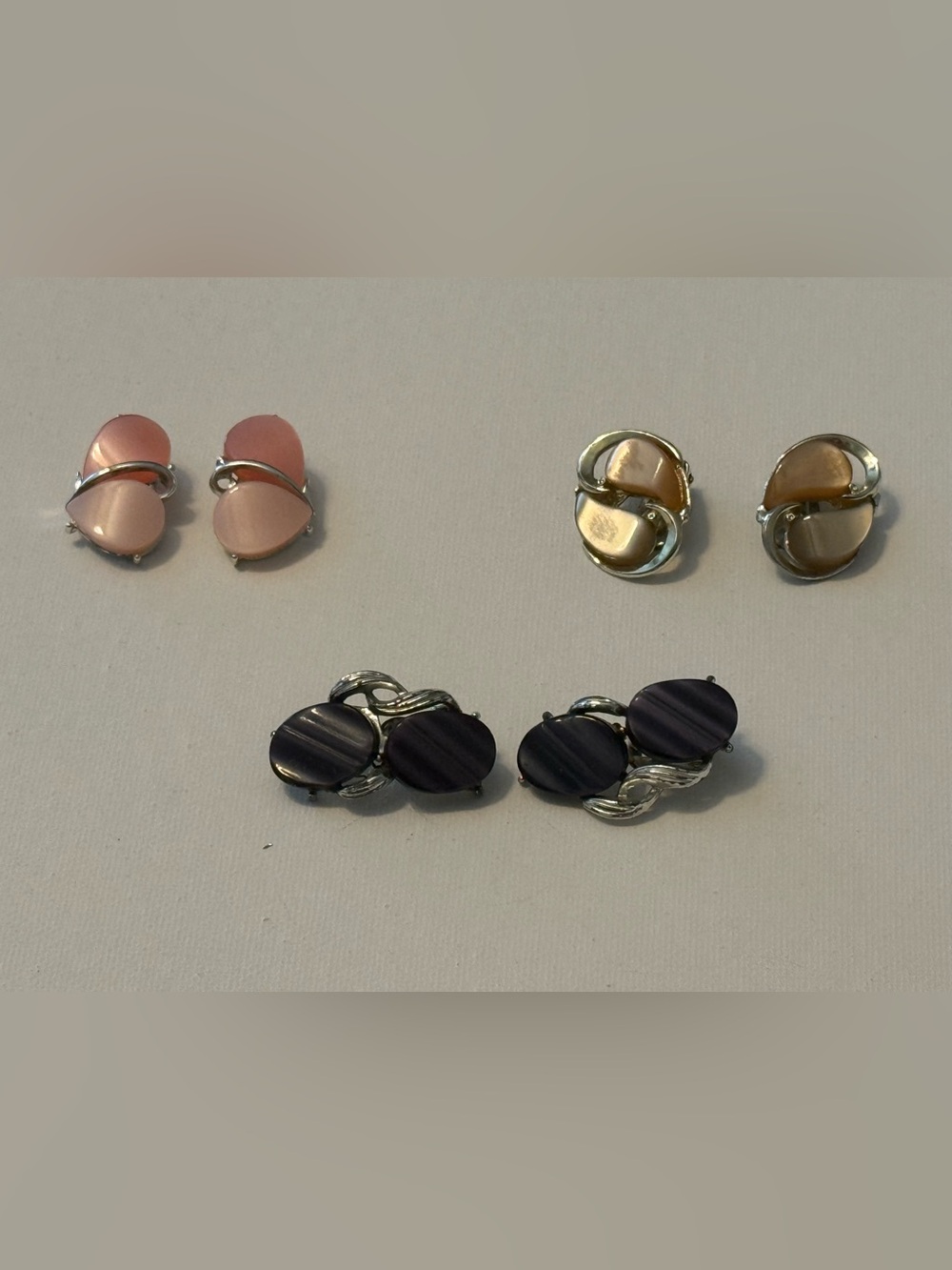 Vintage Thermoset Silver-Tone Pink and Black Clip-On Earrings Set